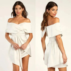 NWOT Lulus Always Celebrating‎ Ivory Satin Off-the-Shoulder Mini Dress